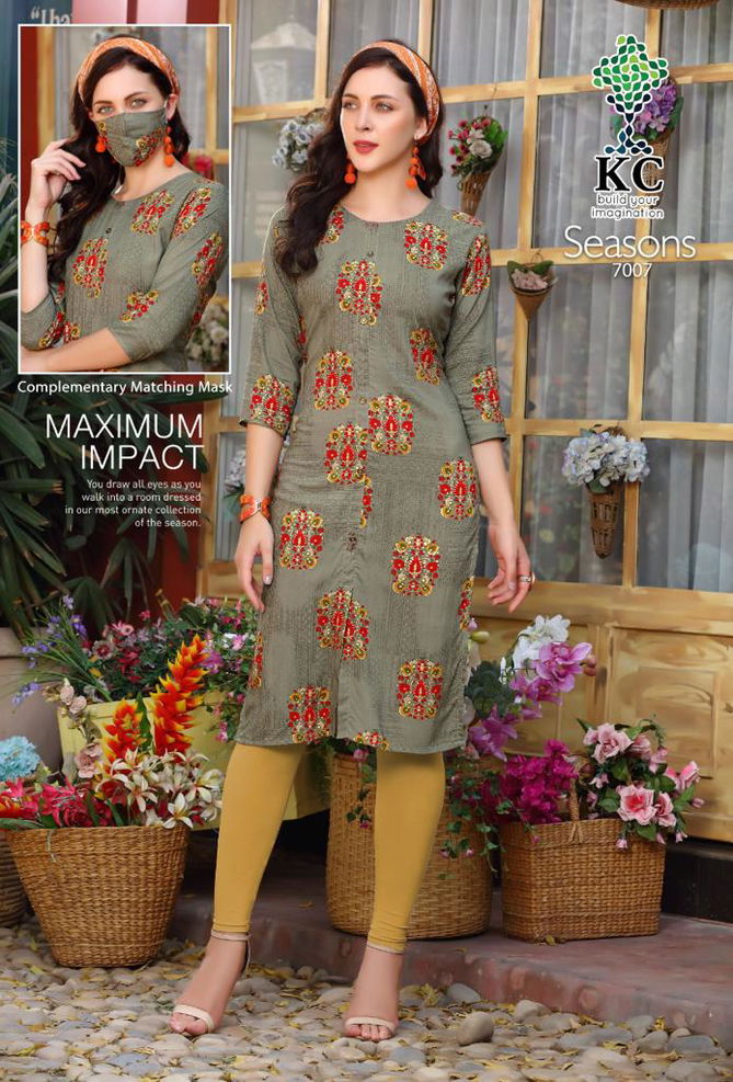 Kc Seasons 7 Latest Fancy Designer Heavy Rayon Kurti With Mask Collection